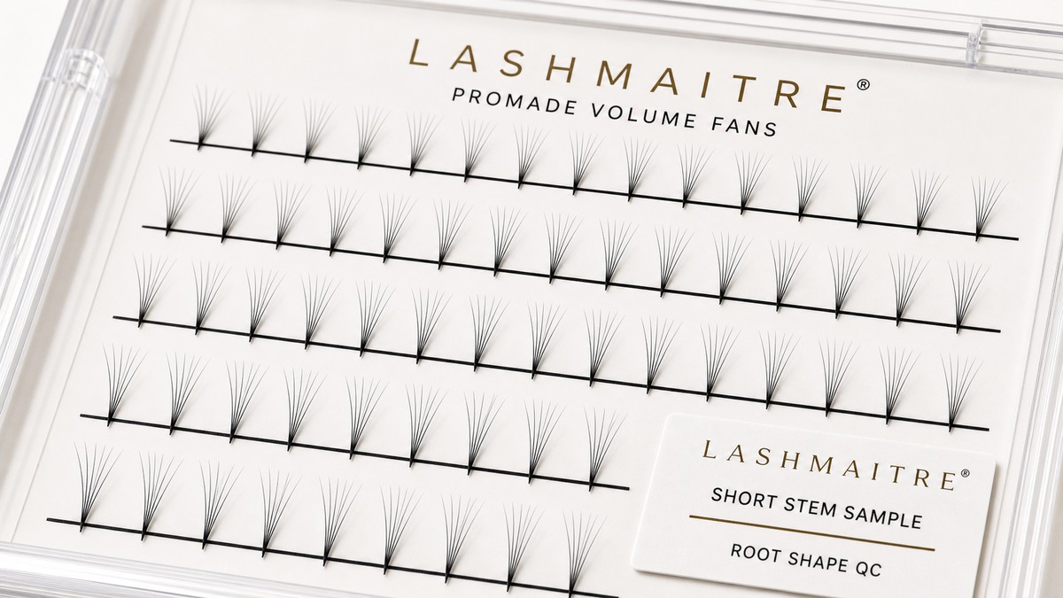 LASHMAITRE short stem premade fan closeup with compact fine tapered roots on tray lines