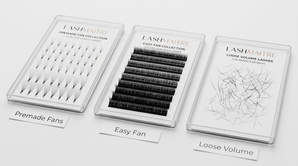 LASHMAITRE volume lash product method matrix comparing premade fans easy fan lashes and loose volume trays