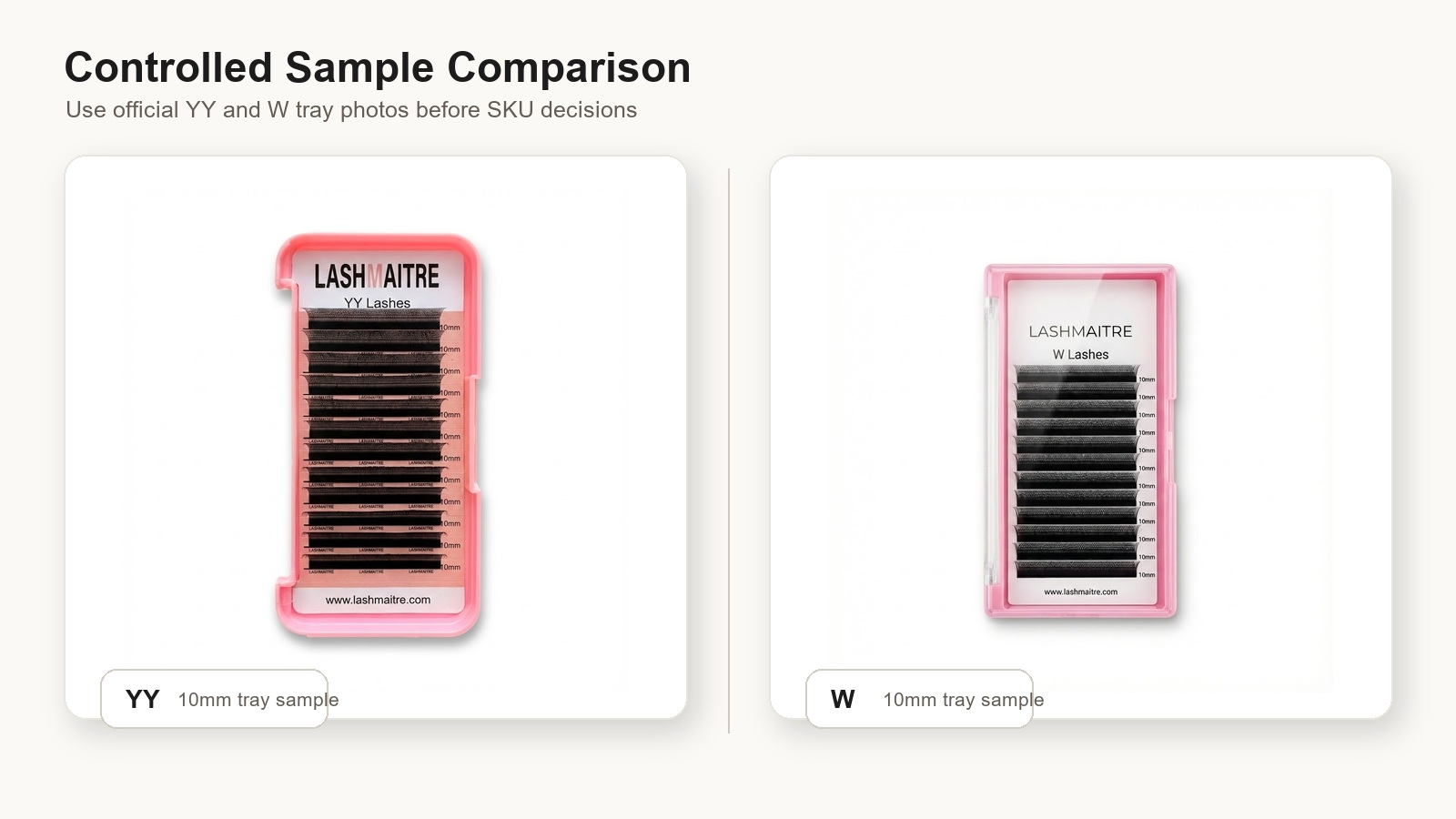 yy vs w lash extensions - official LASHMAITRE YY and W tray sample comparison for buyers