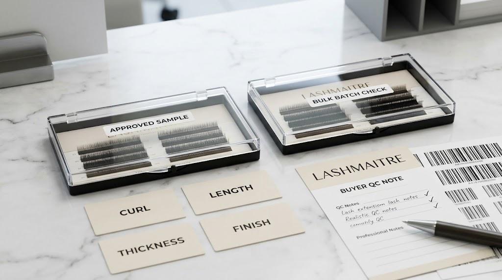 LASHMAITRE approved sample compared with bulk batch check by curl length thickness and finish