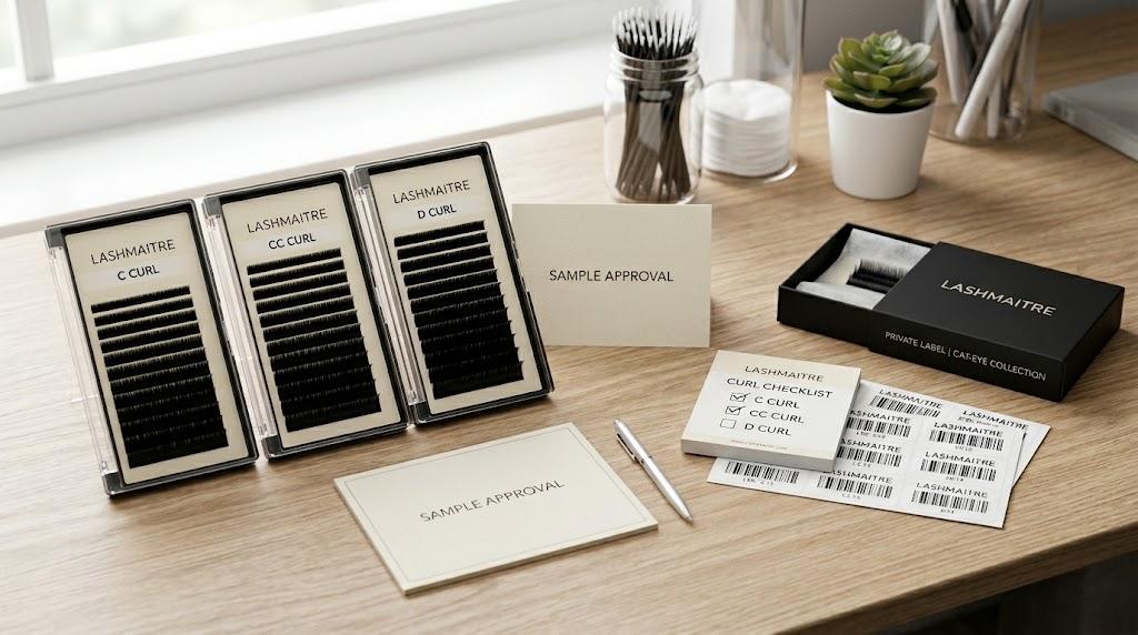 LASHMAITRE C CC and D curl cat eye lash sample approval trays with private label box