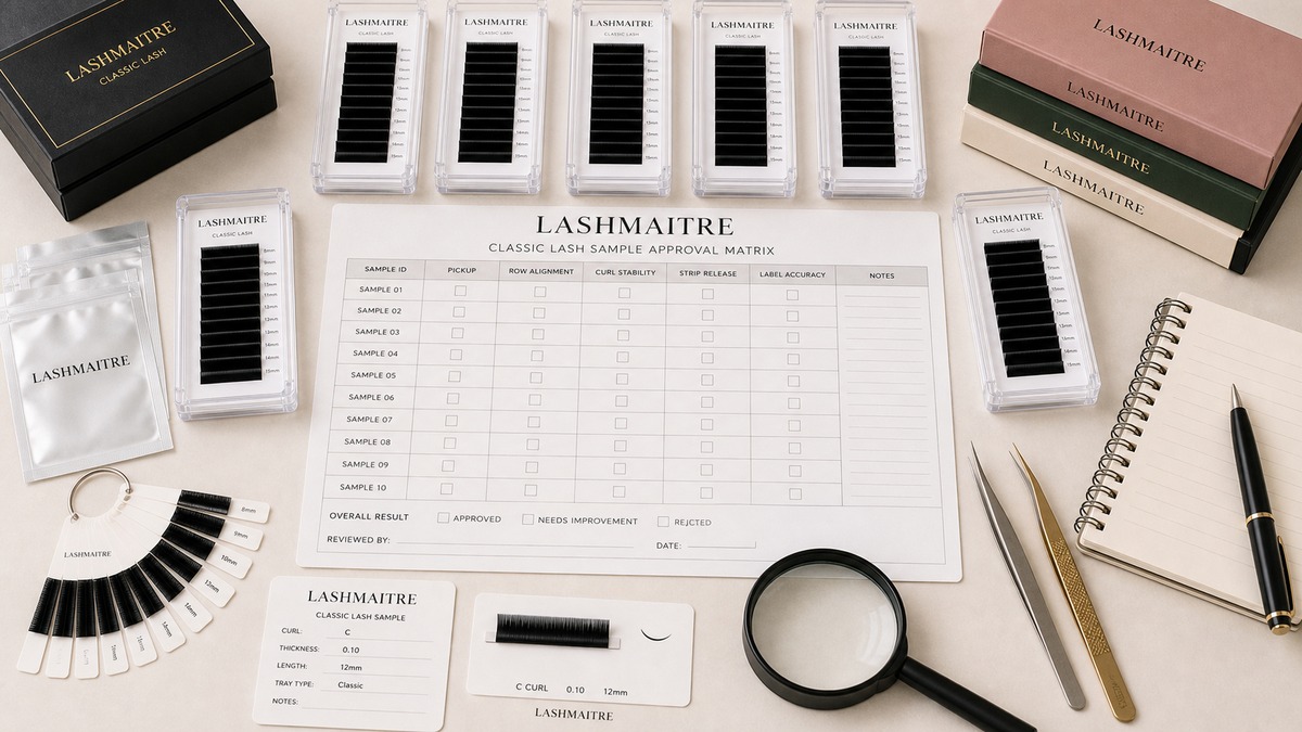 classic lash core range planning - LASHMAITRE classic lash sample approval matrix with pickup row alignment curl stability and label fields
