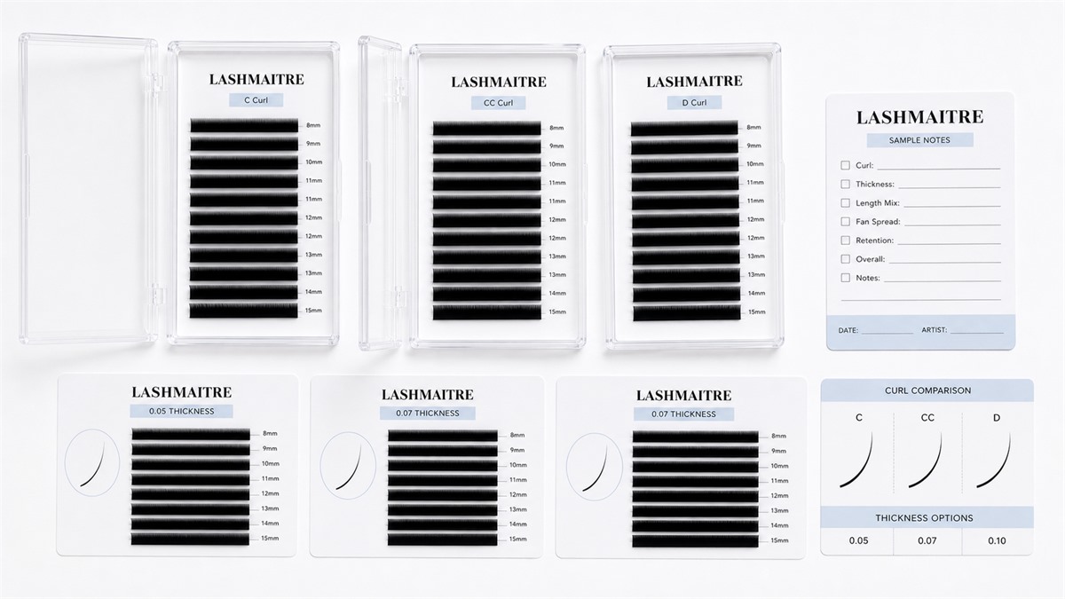LASHMAITRE easy fan curl and thickness comparison tray with white card logo and sample notes