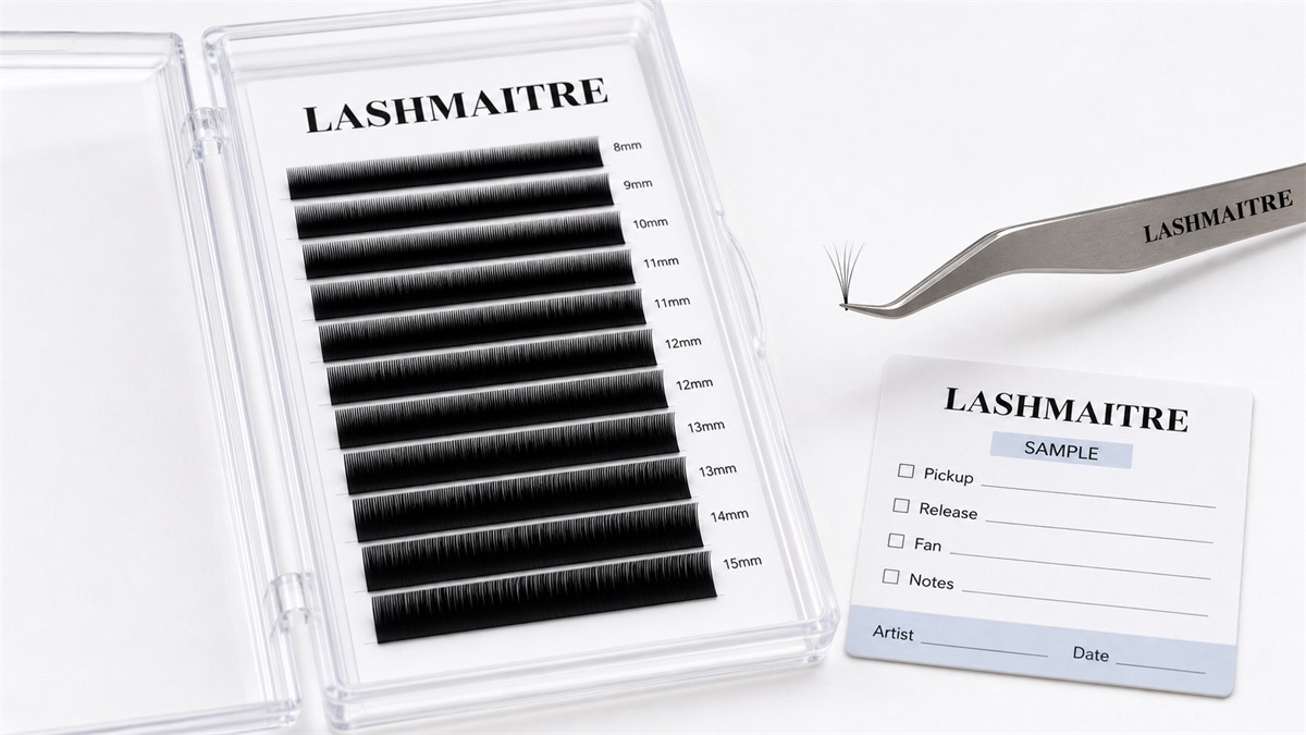 easy fan lashes range planning - LASHMAITRE easy fan pickup sample test with tweezers branded tray card and fan spread notes