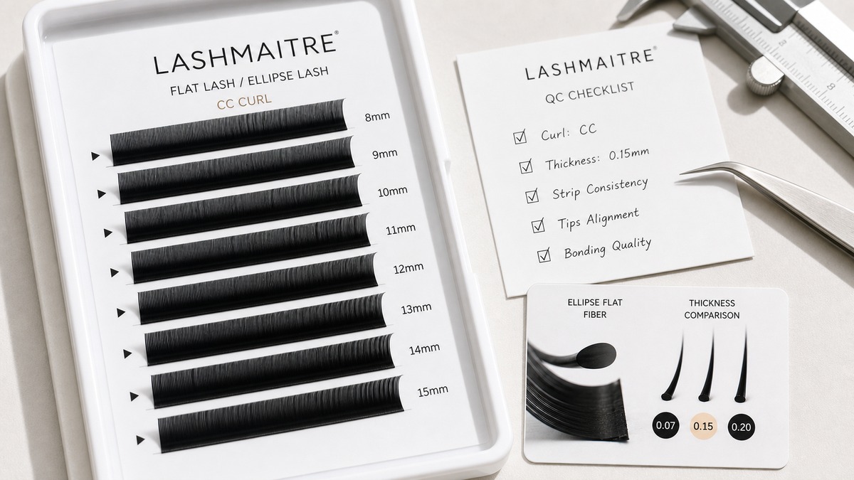 flat lash product line planning - LASHMAITRE flat lash curl and thickness check with branded tray card and sample notes