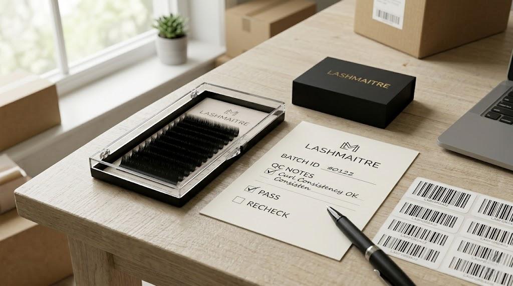 LASHMAITRE batch QC record with barcode labels for checking wholesale lash tray consistency