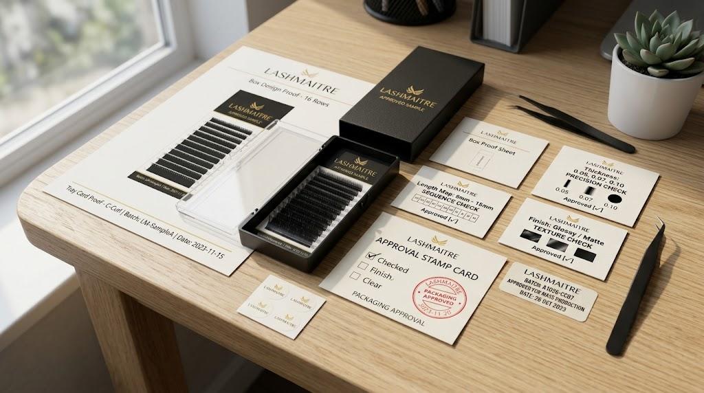 LASHMAITRE lash packaging approval with tray proof and approval stamp card