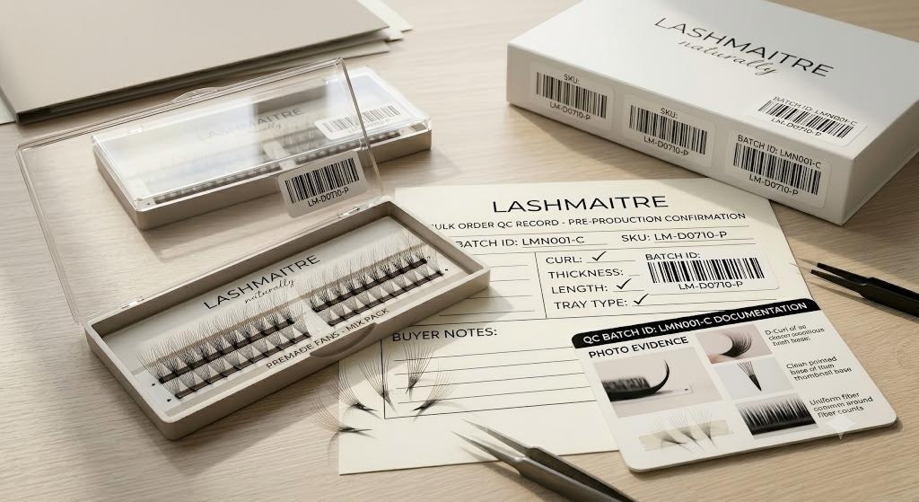 wholesale lash QC inspection report - LASHMAITRE photo evidence batch labels SKU stickers and carton label matching for bulk approval