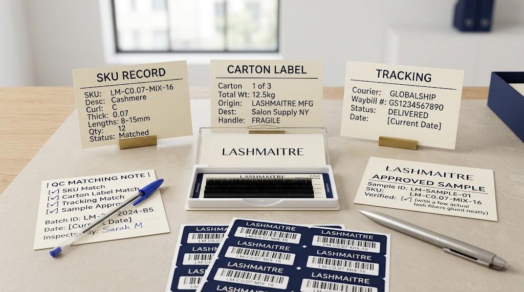 LASHMAITRE SKU record carton label tracking card and approved lash sample for document matching