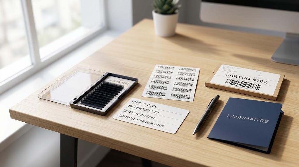 LASHMAITRE lash tray label carton record with barcode stickers