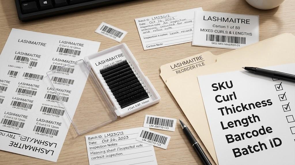 LASHMAITRE tray labels SKU barcodes and batch records for lash QC