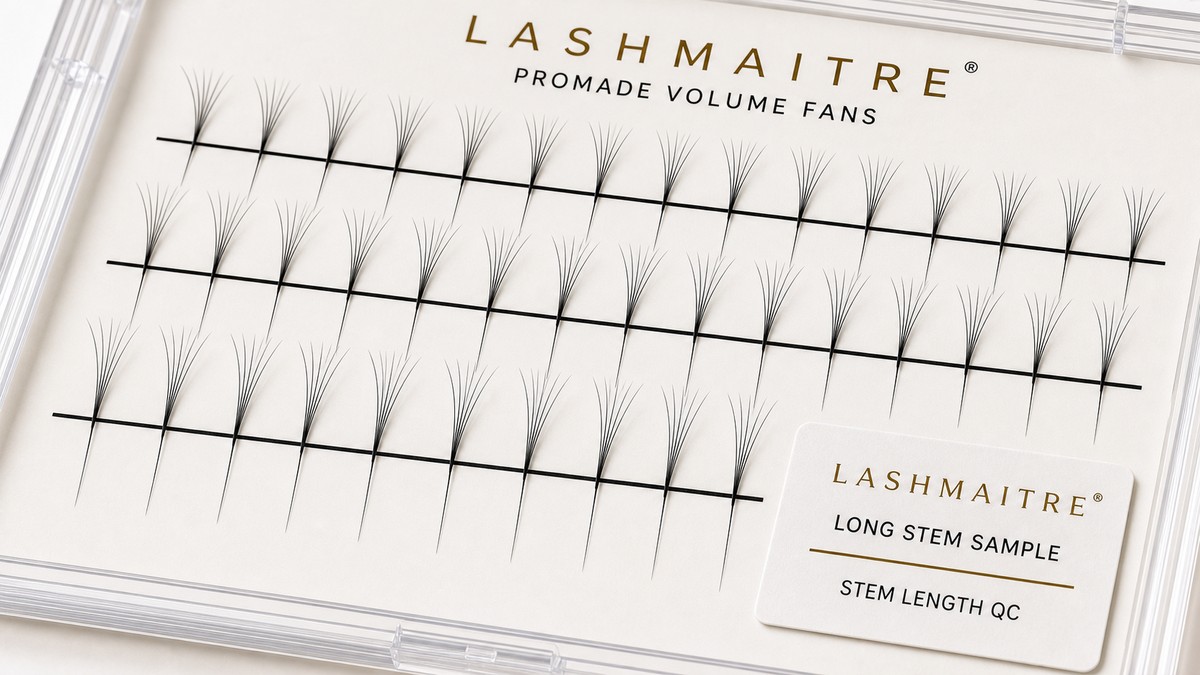 LASHMAITRE long stem premade fan closeup with extended narrow tapered stems on tray lines