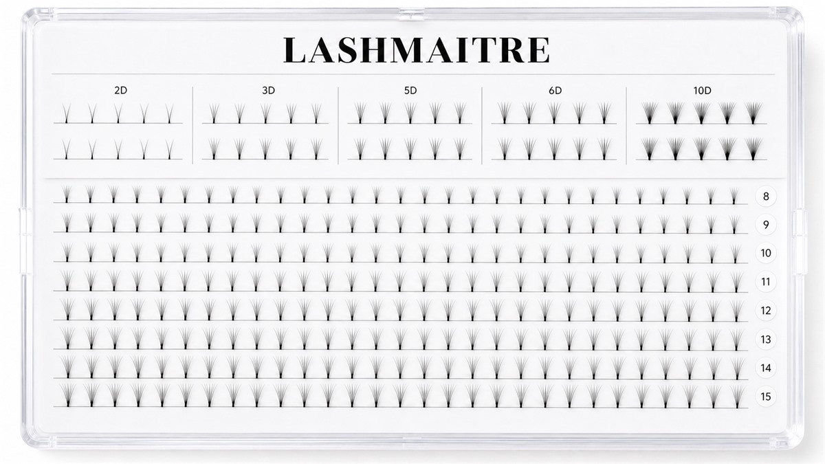 easy fan vs premade fan lashes - LASHMAITRE premade fan comparison tray with independent formed fan units tapered roots and length markers