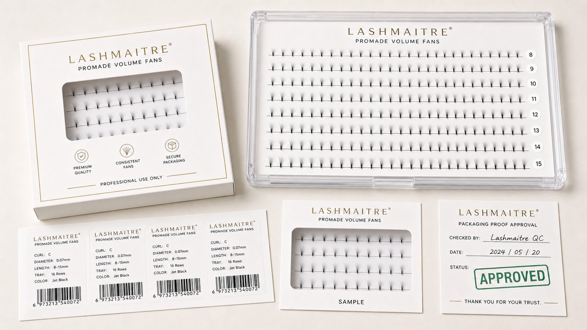 LASHMAITRE premade fan packaging proof approval scene with branded tray box labels and approval card