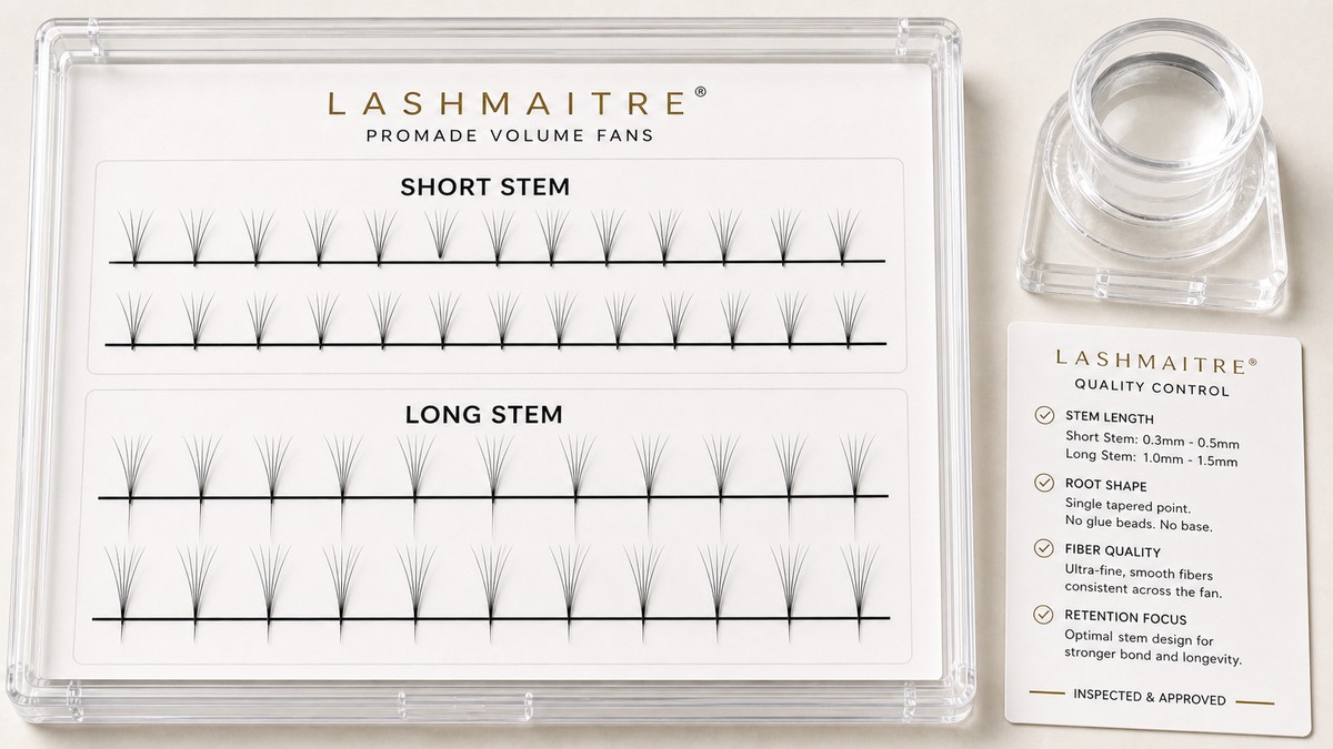 LASHMAITRE premade fan short stem and long stem base inspection card with fine tapered roots