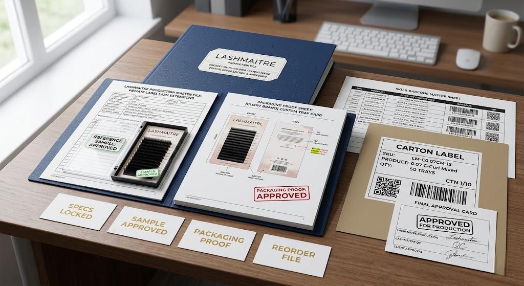 LASHMAITRE private label lash manufacturer production file with sample approval packaging proof barcode sheet and carton label