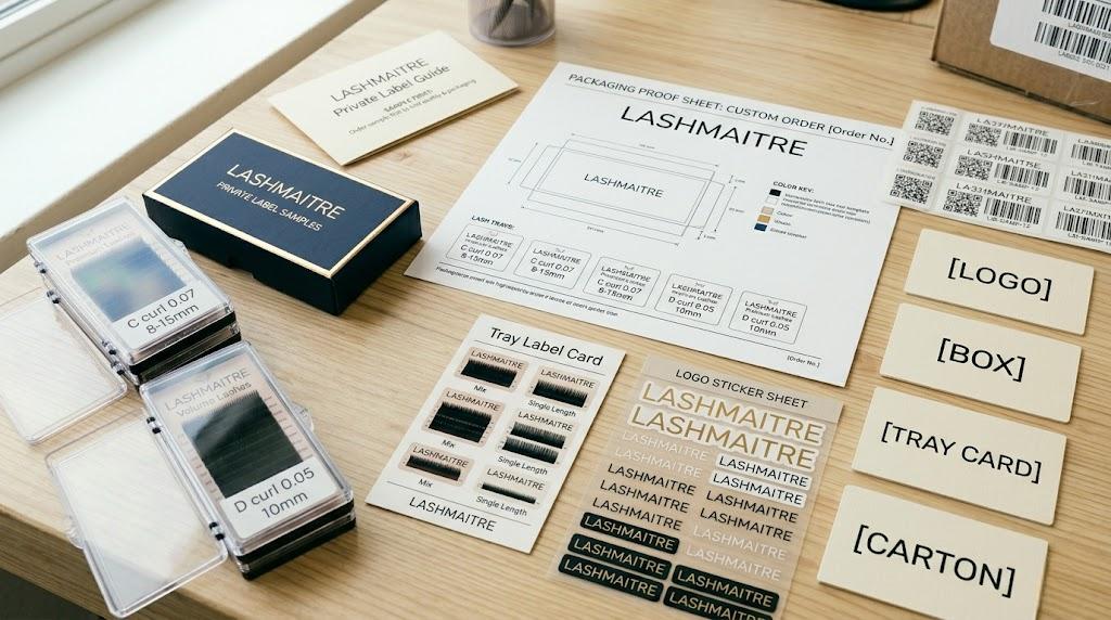 LASHMAITRE private label lash supplier FAQ with packaging proof box tray card and carton labels