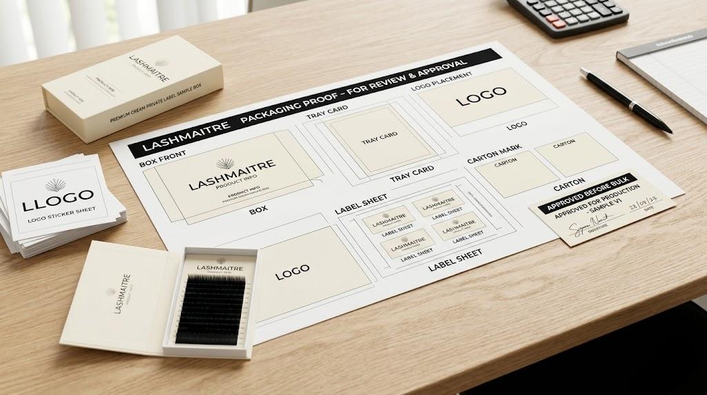 LASHMAITRE packaging proof sheet showing box tray card label sheet and carton approval areas