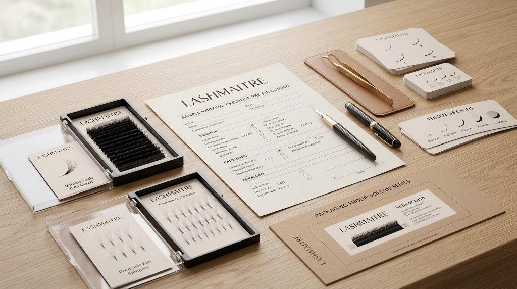 LASHMAITRE volume lash sample approval setup with tray cards packaging proof and buyer notes