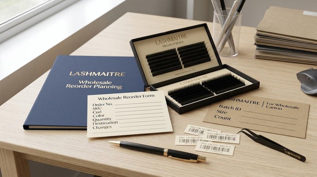 LASHMAITRE lash reorder specification checklist with wholesale reorder form SKU and batch records