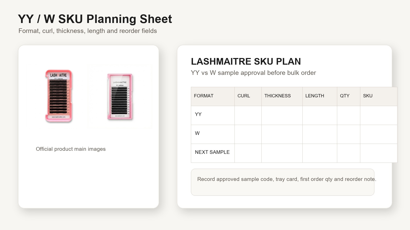 yy vs w lash extensions - LASHMAITRE SKU planning sheet using official YY and W product images