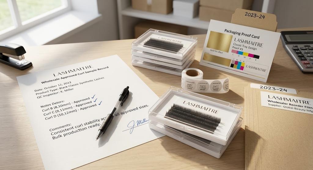 lash extension curl guide - LASHMAITRE approved curl sample record with SKU labels packaging proof and reorder file