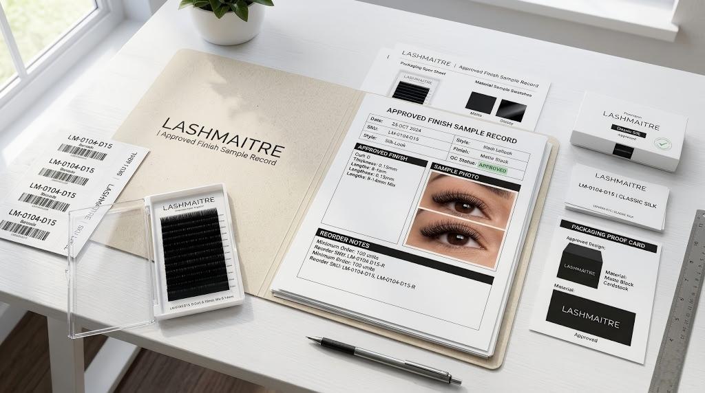 cashmere vs silk lashes - LASHMAITRE approved lash finish sample record with reorder notes and SKU labels