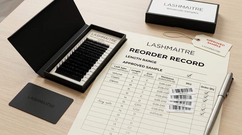 LASHMAITRE approved lash length sample reorder record with private label tray