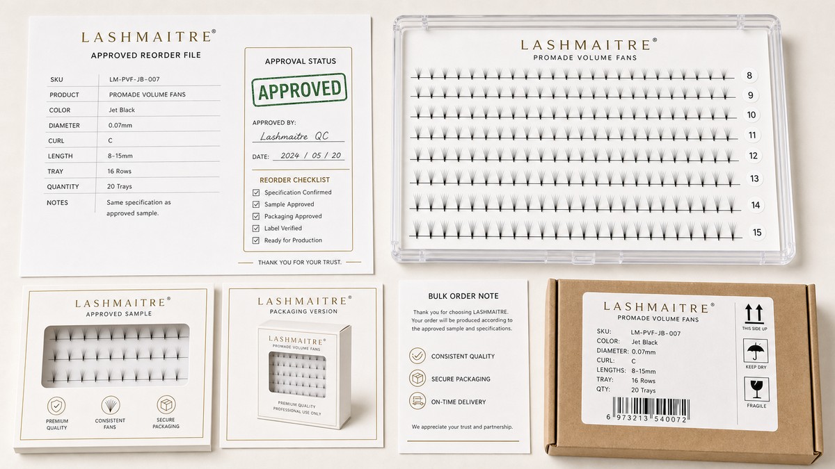 LASHMAITRE approved premade fan reorder file with tray sample packaging version card and carton label