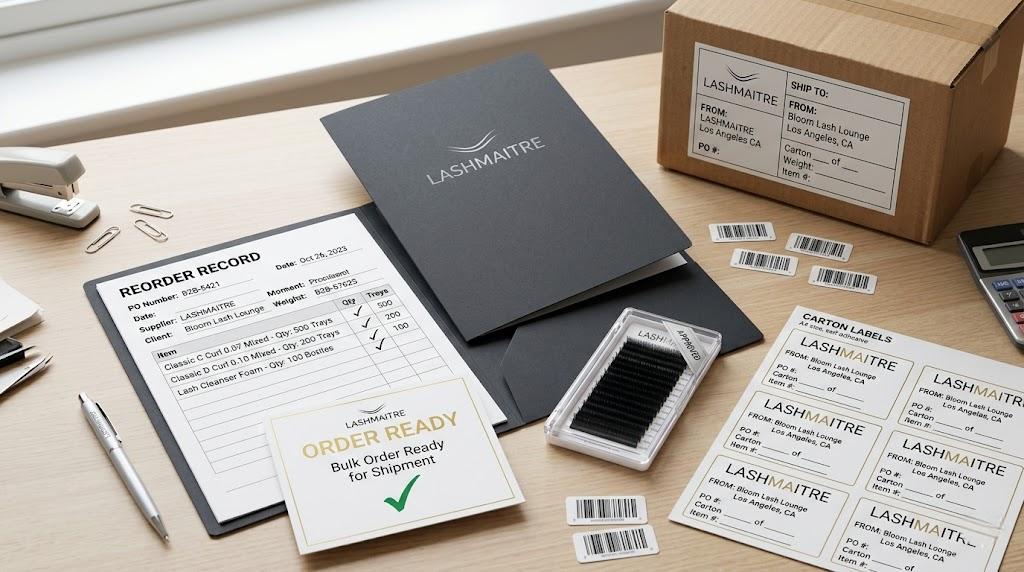 LASHMAITRE bulk lash order ready record with reorder sheet carton labels and approved sample tray