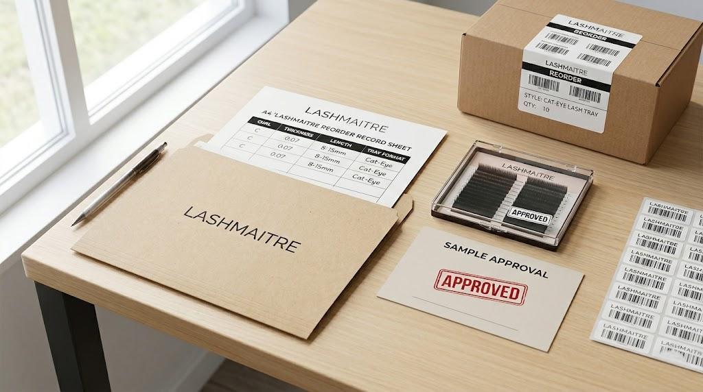 LASHMAITRE approved cat eye lash sample with reorder record carton label and barcode stickers