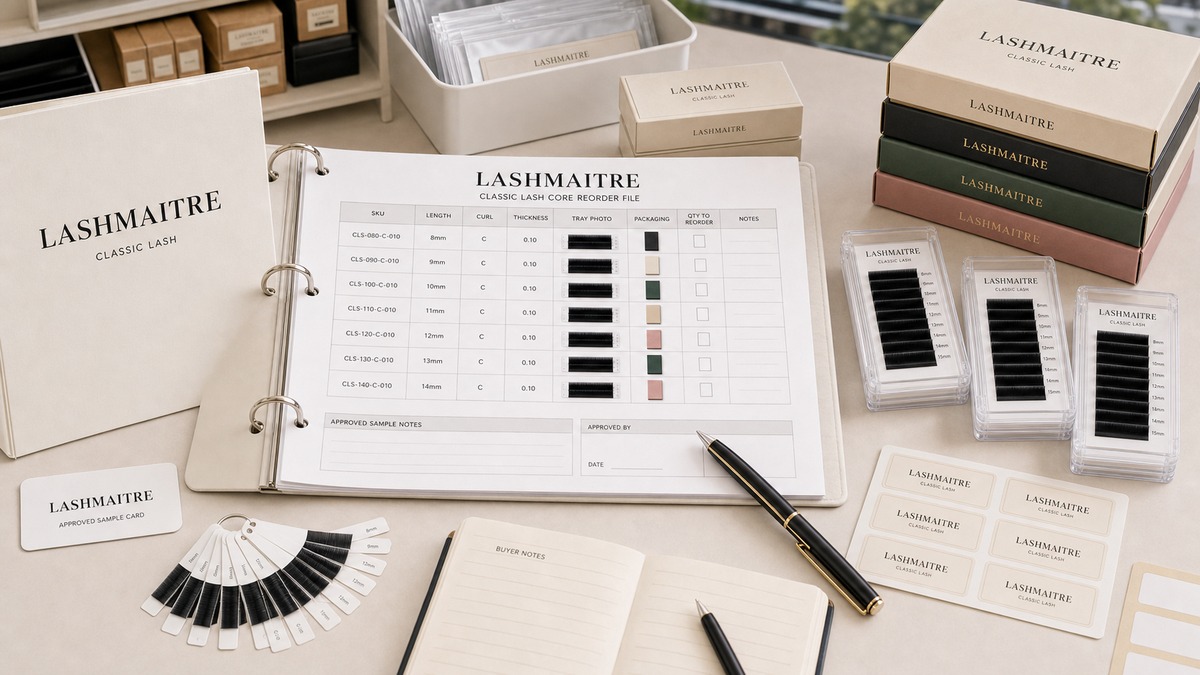 classic lash core range planning - LASHMAITRE classic lash reorder file with SKU codes tray specs packaging proof and approved sample notes