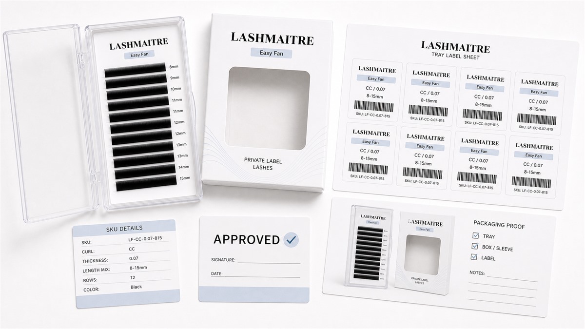 LASHMAITRE easy fan packaging proof and tray label file with box label sheet SKU code and approval card