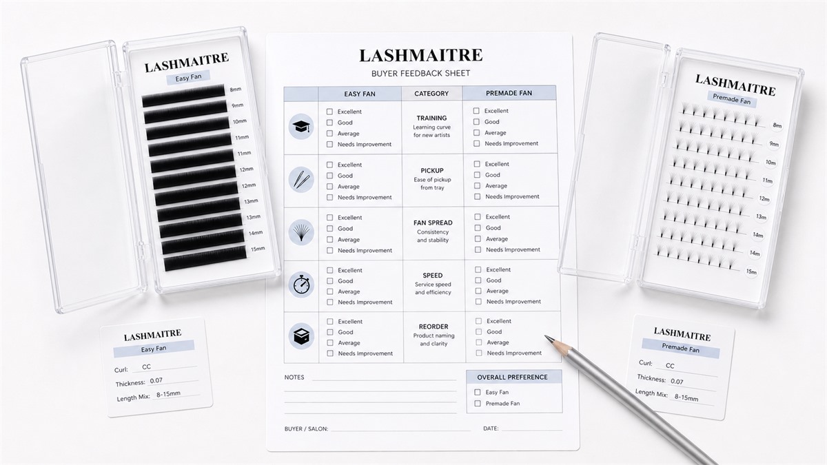 easy fan vs premade fan lashes - LASHMAITRE easy fan and premade fan buyer feedback sheet comparing training pickup speed and reorder naming