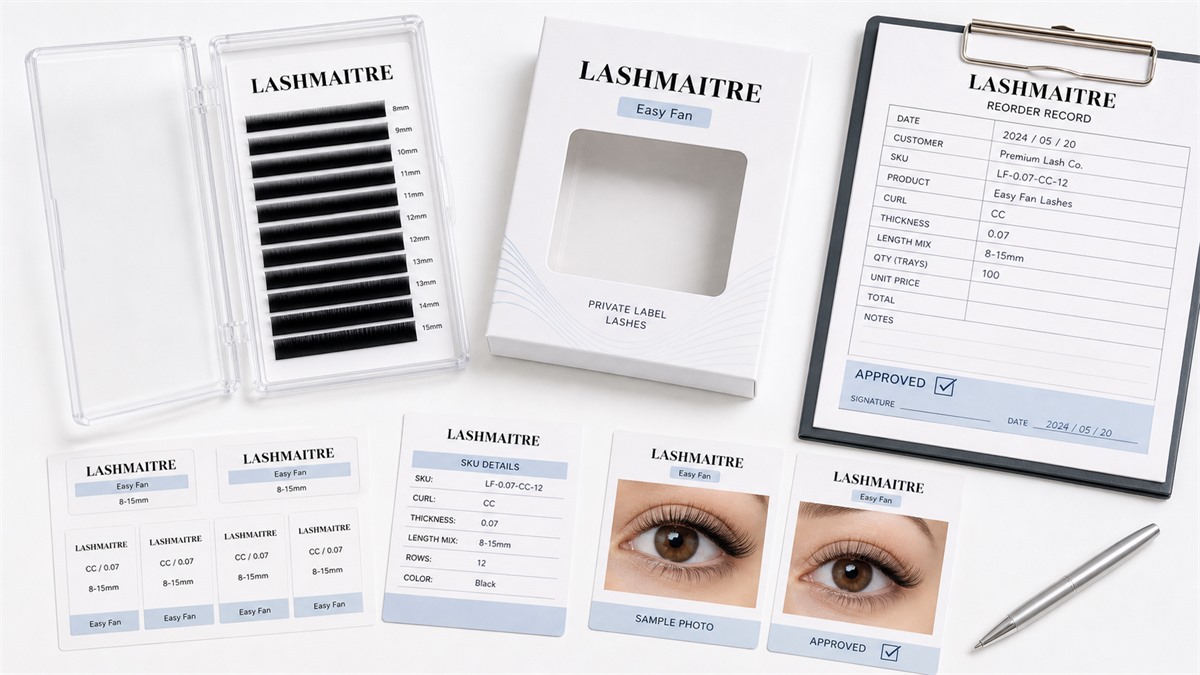 easy fan lashes range planning - LASHMAITRE easy fan private label reorder file with tray labels box proof sample photos and SKU notes
