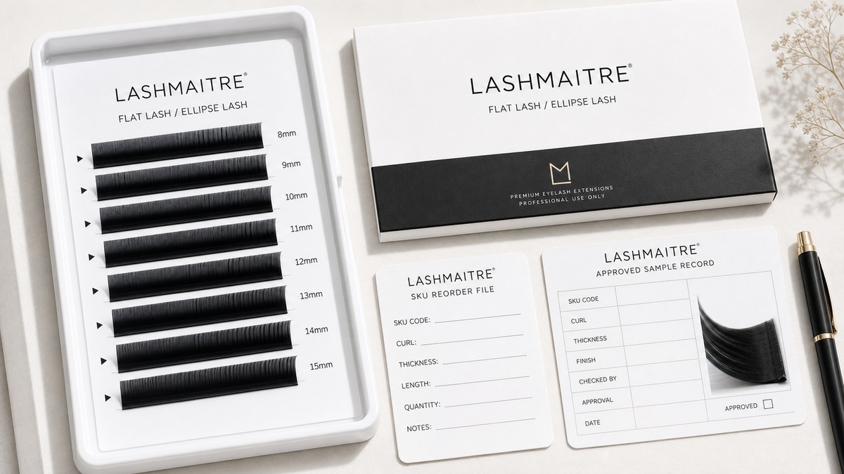flat lash product line planning - LASHMAITRE flat lash SKU reorder and packaging file with approved tray photos and label proof
