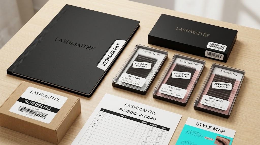 LASHMAITRE reorder folder for approved lash mapping style trays with barcode labels and sample records