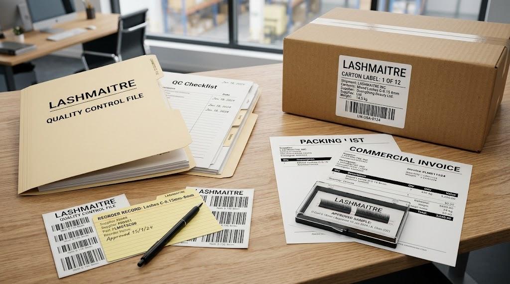LASHMAITRE QC records and carton labels for wholesale lash supplier evaluation