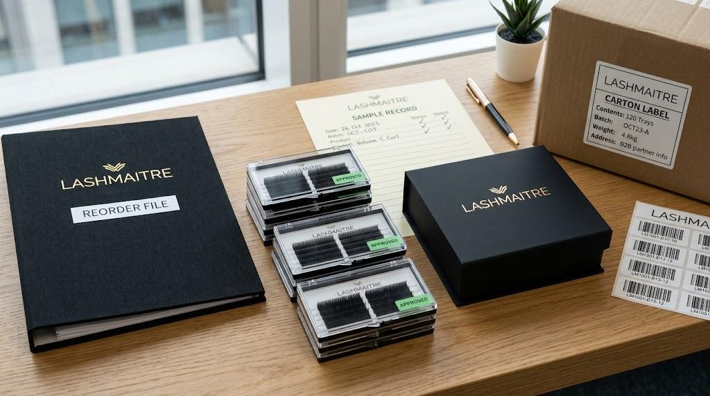 LASHMAITRE reorder file with approved sample trays carton label and barcode records for lash batch consistency