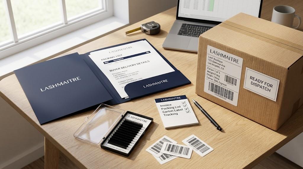 LASHMAITRE lash shipment ready for dispatch with packing list buyer details and carton label