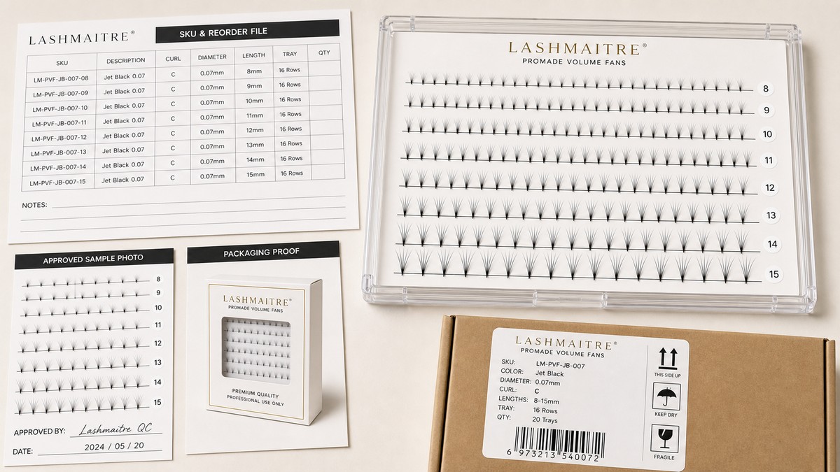 LASHMAITRE premade fan SKU reorder file with approved tray photos packaging proof and carton label