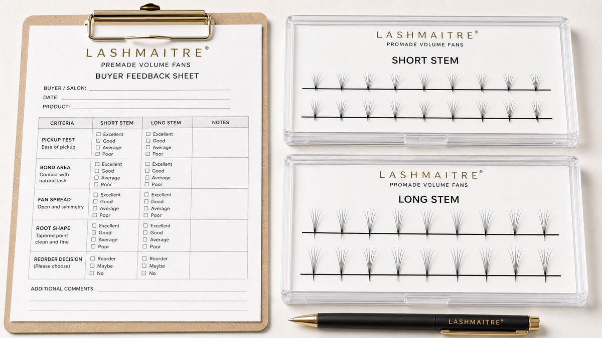 LASHMAITRE premade fan stem feedback sheet comparing short stem and long stem sample trays