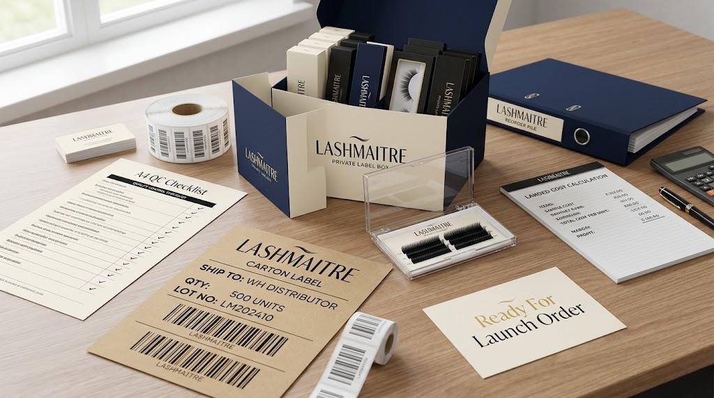 Launch ready private label lash order pack with carton label QC checklist and reorder file