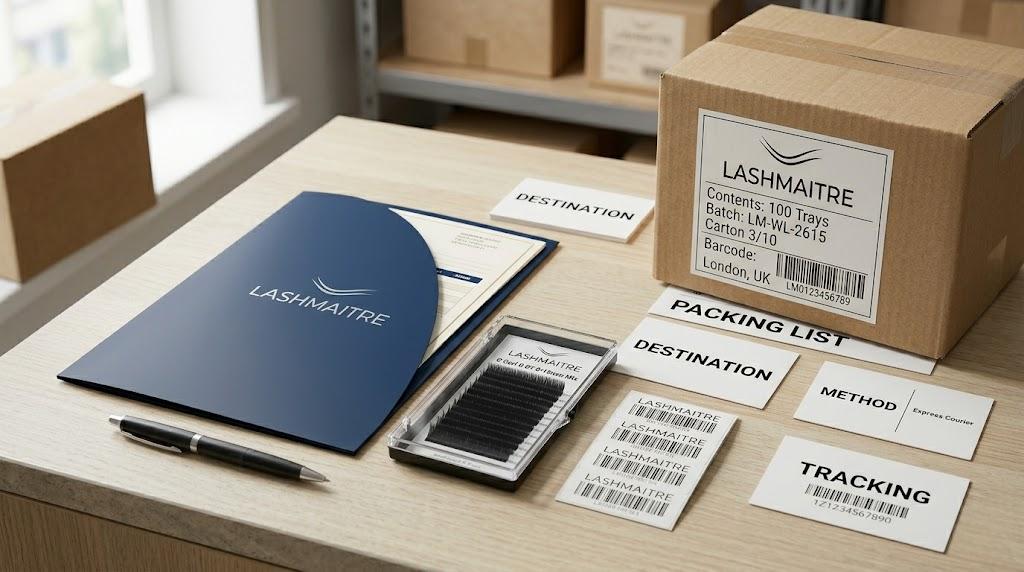 LASHMAITRE lash extension shipping details desk with carton label packing list and tracking cards
