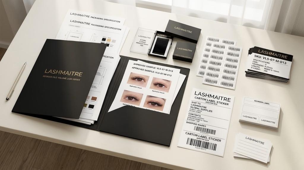 LASHMAITRE volume lash reorder file with tray labels SKU cards and carton labels