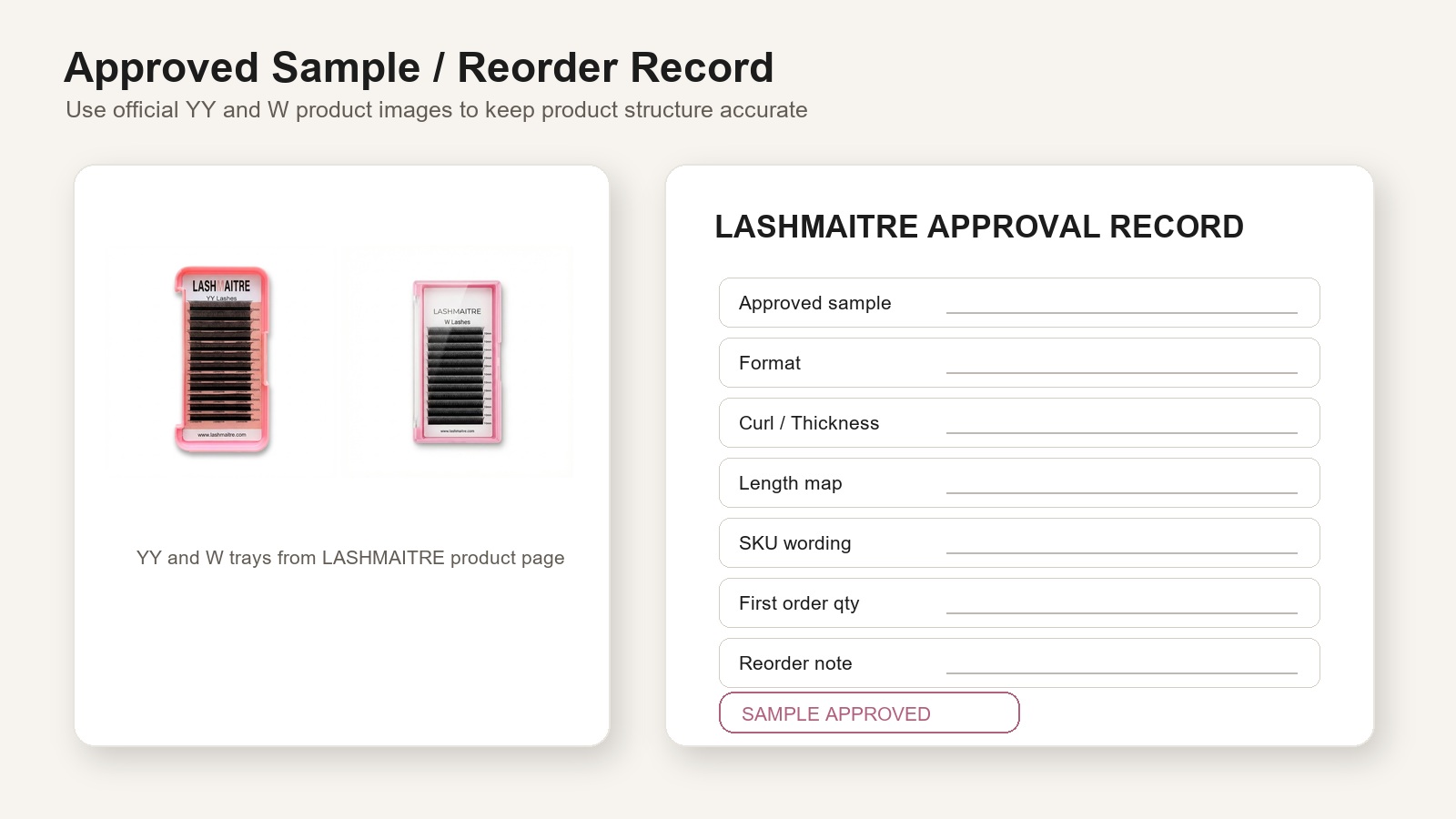 yy vs w lash extensions - LASHMAITRE approved sample and reorder record using YY and W tray photos
