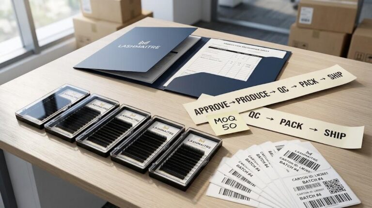 LASHMAITRE bulk lash order timeline from approval to production QC packing and shipping