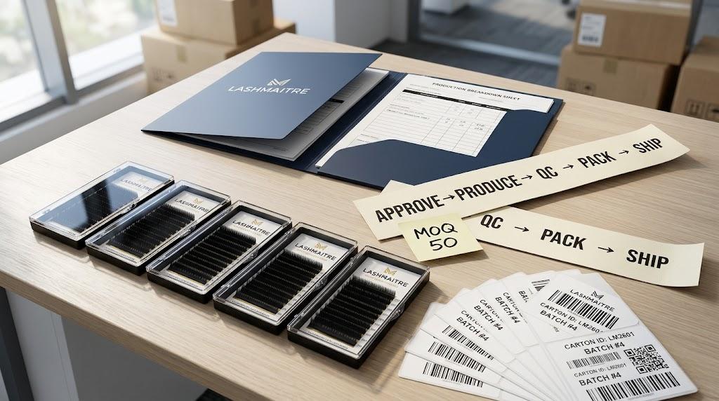 LASHMAITRE bulk lash order timeline from approval to production QC packing and shipping