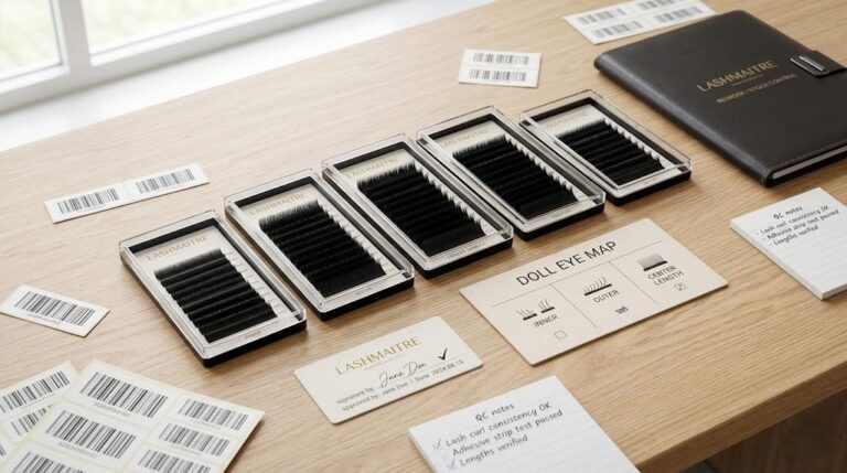 LASHMAITRE doll eye lash extensions center length tray map with sample approval and QC notes