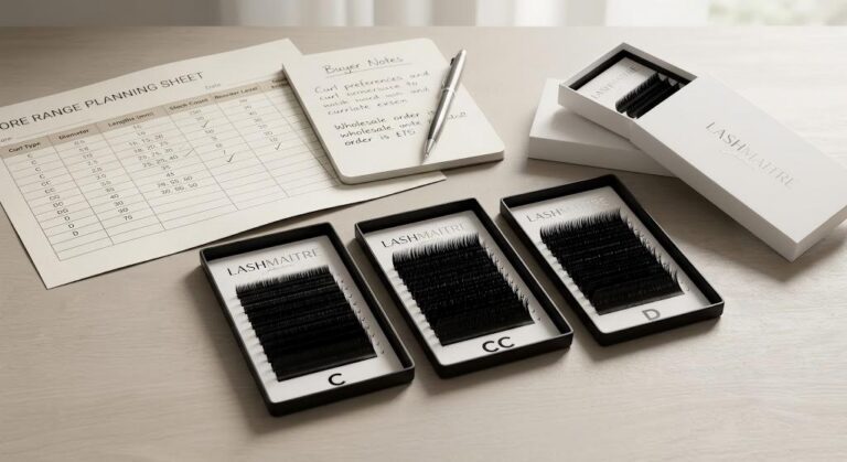 C vs CC vs D curl lashes - LASHMAITRE core range planning sheet with C CC and D lash trays